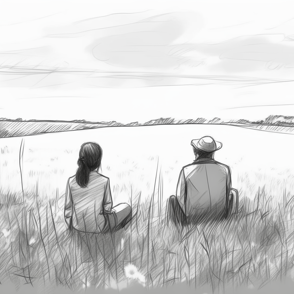 2D drawing sketch. Open meadow with wildflowers. Two acquaintances sitting side by side looking into the distance.