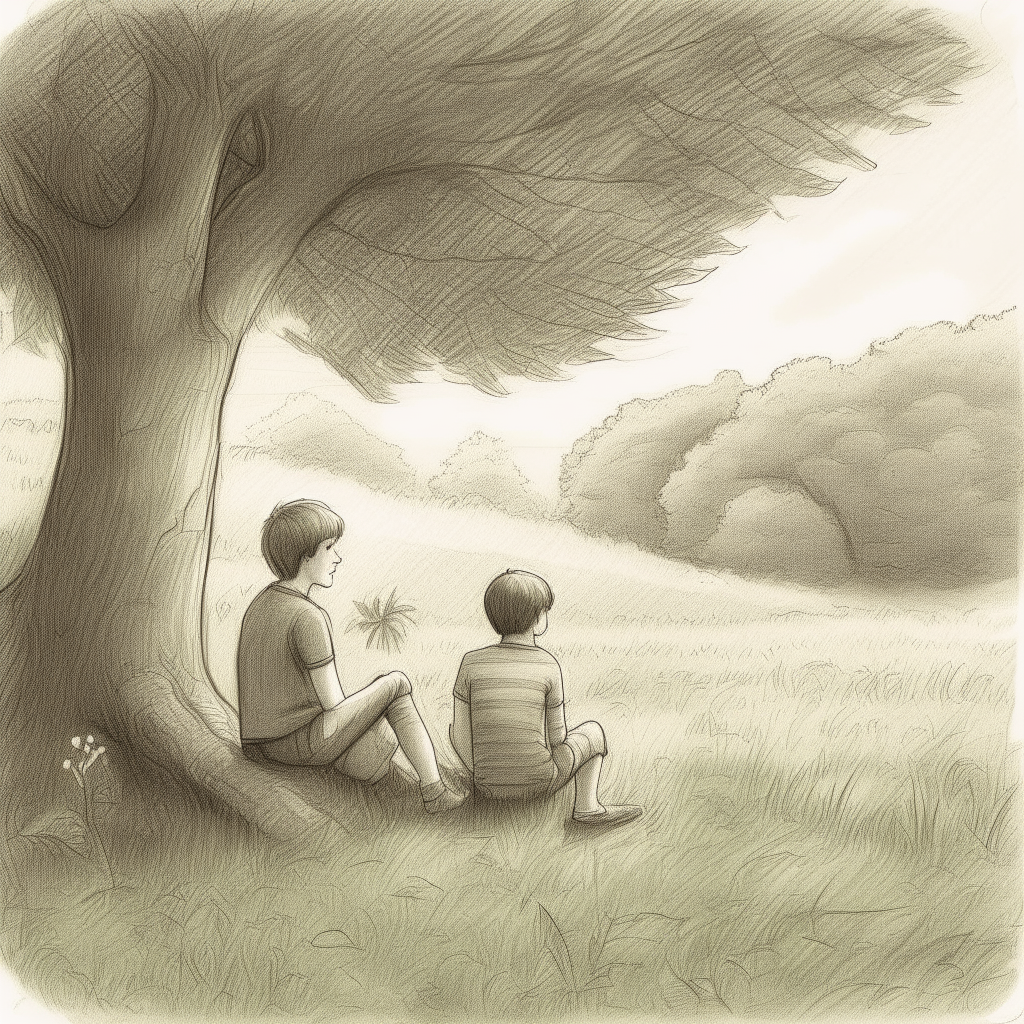 Another pencil sketch of a nature scene, with two boys sitting and talking in a grassy meadow under trees.