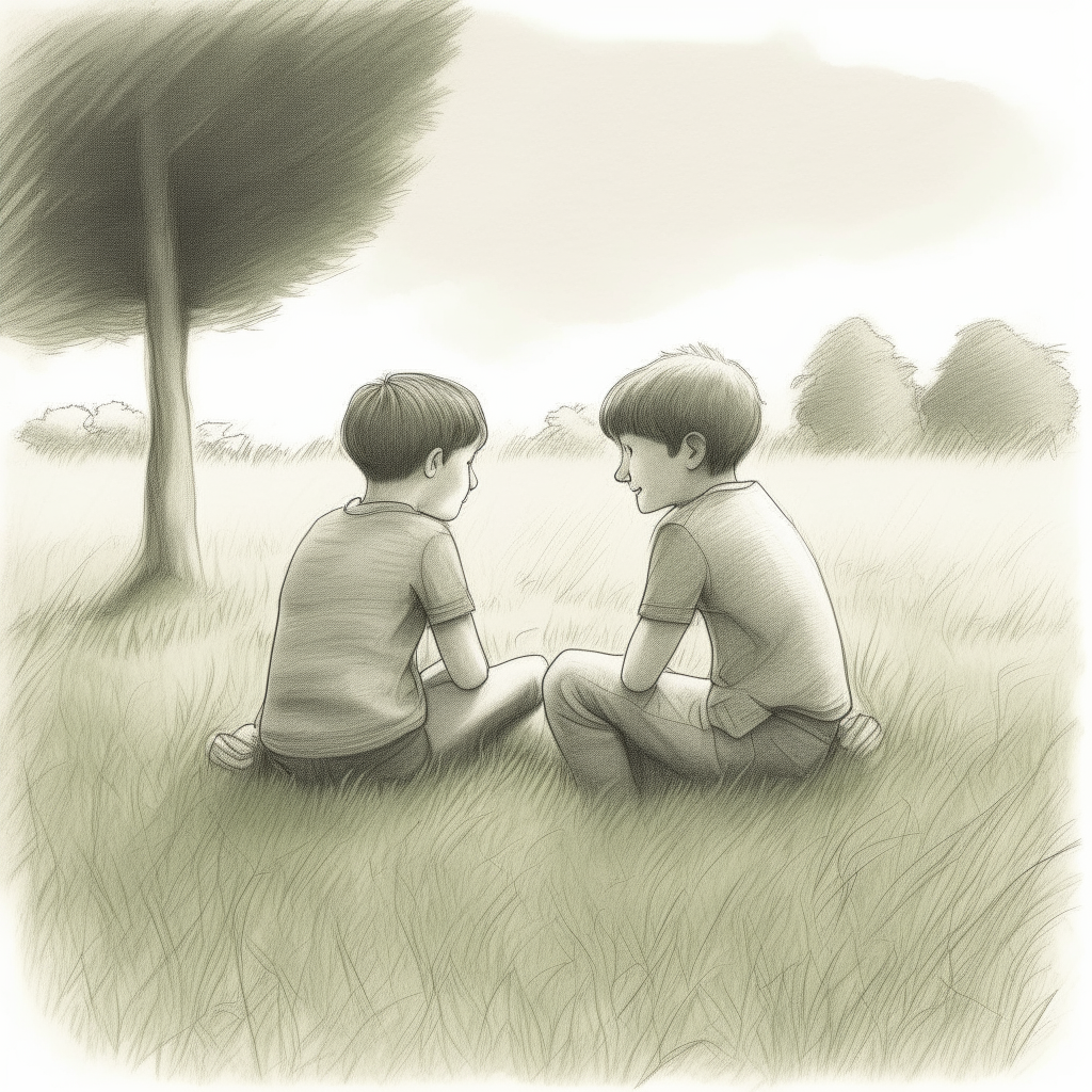 A 2D pencil sketch drawing of an open grassy field with trees in the background. Two young boys sit facing each other on the grass.