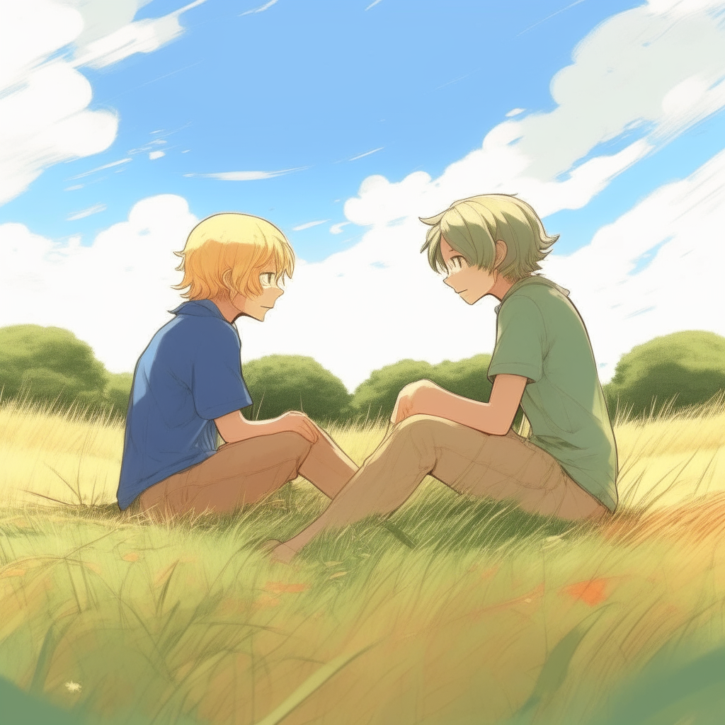 2D anime style drawing of two boys sitting facing each other in an open grassy field with trees in the background. The boy on the left has long blonde hair, the boy on the right has short brown hair.