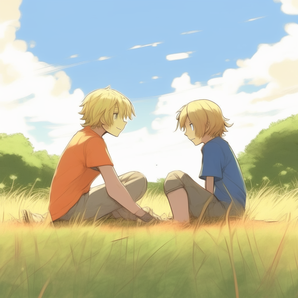 2D anime style drawing of two boys sitting facing each other in an open grassy field with trees in the background. The boy on the left has long blonde hair, the boy on the right has short brown hair.