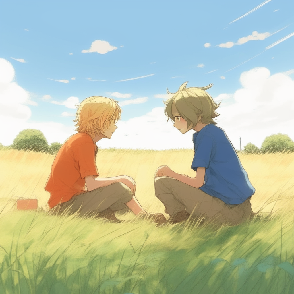 2D anime style drawing of two boys sitting facing each other in an open grassy field with trees in the background. The boy on the left has long blonde hair, the boy on the right has short brown hair.