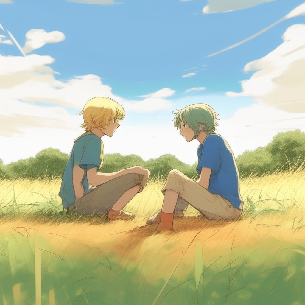 2D anime style drawing of two boys sitting facing each other in an open grassy field with trees in the background. The boy on the left has long blonde hair, the boy on the right has short brown hair.