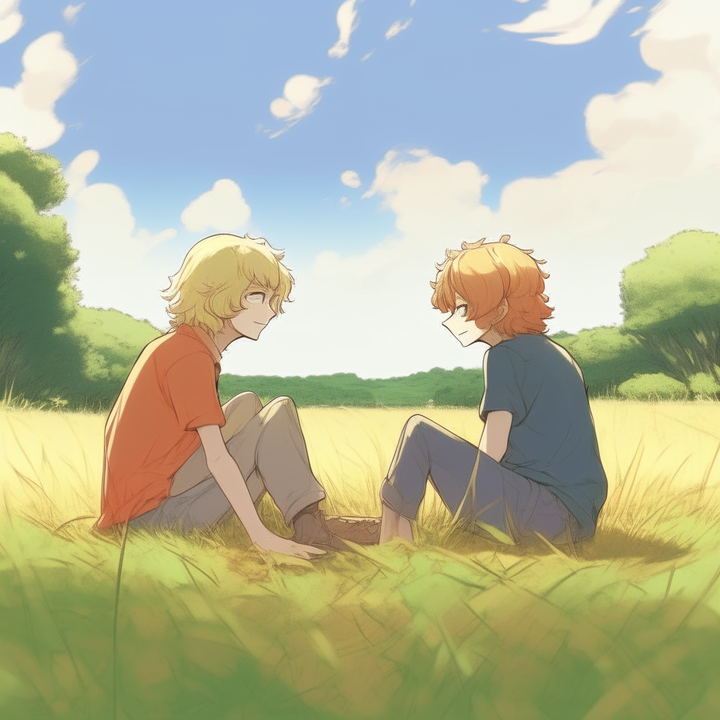 2D anime style drawing of two boys sitting facing each other in an open grassy field with trees in the background. One boy has long curly blonde hair, the other has short brown hair.