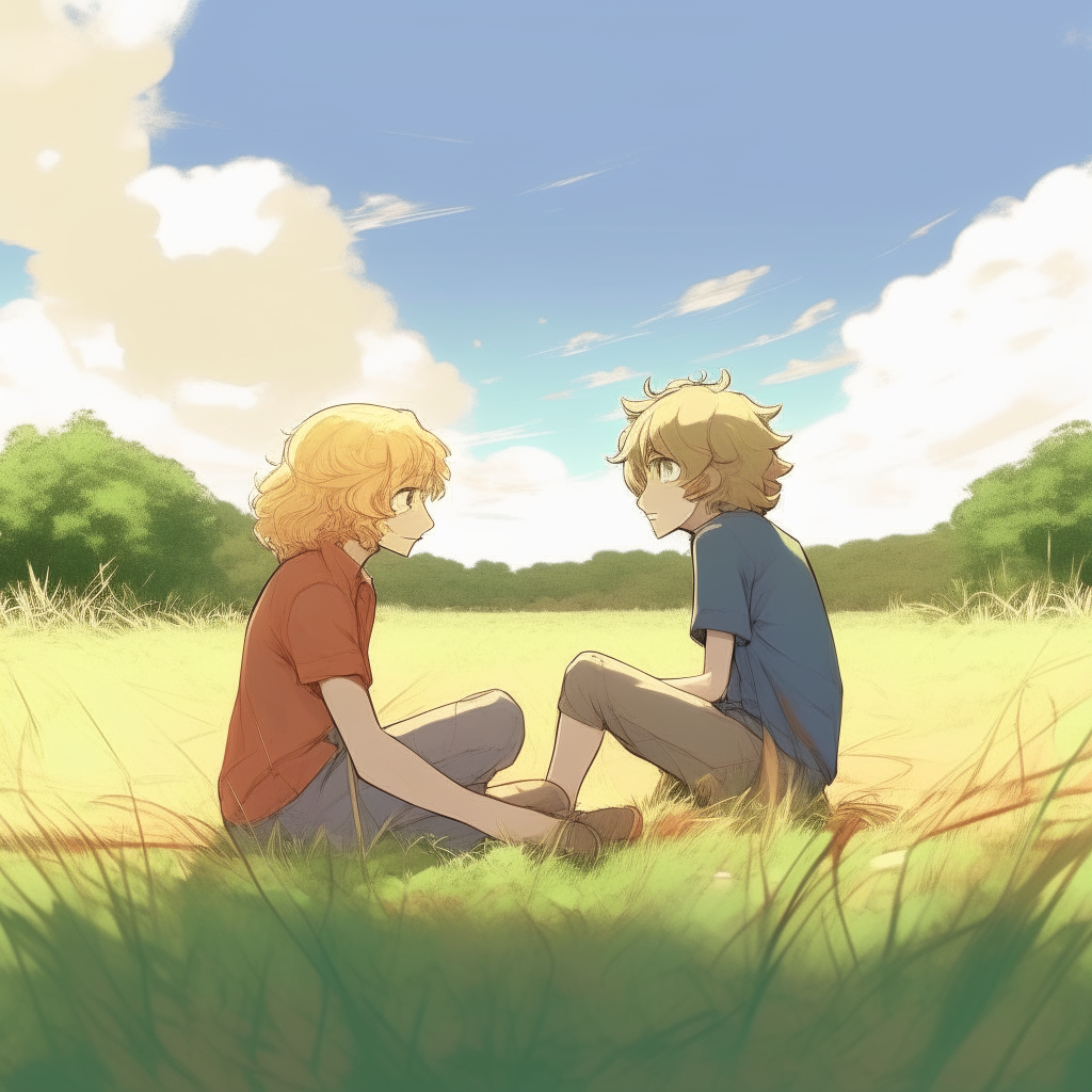 2D anime style drawing of two boys sitting facing each other in an open grassy field with trees in the background. One boy has long curly blonde hair, the other has short brown hair.