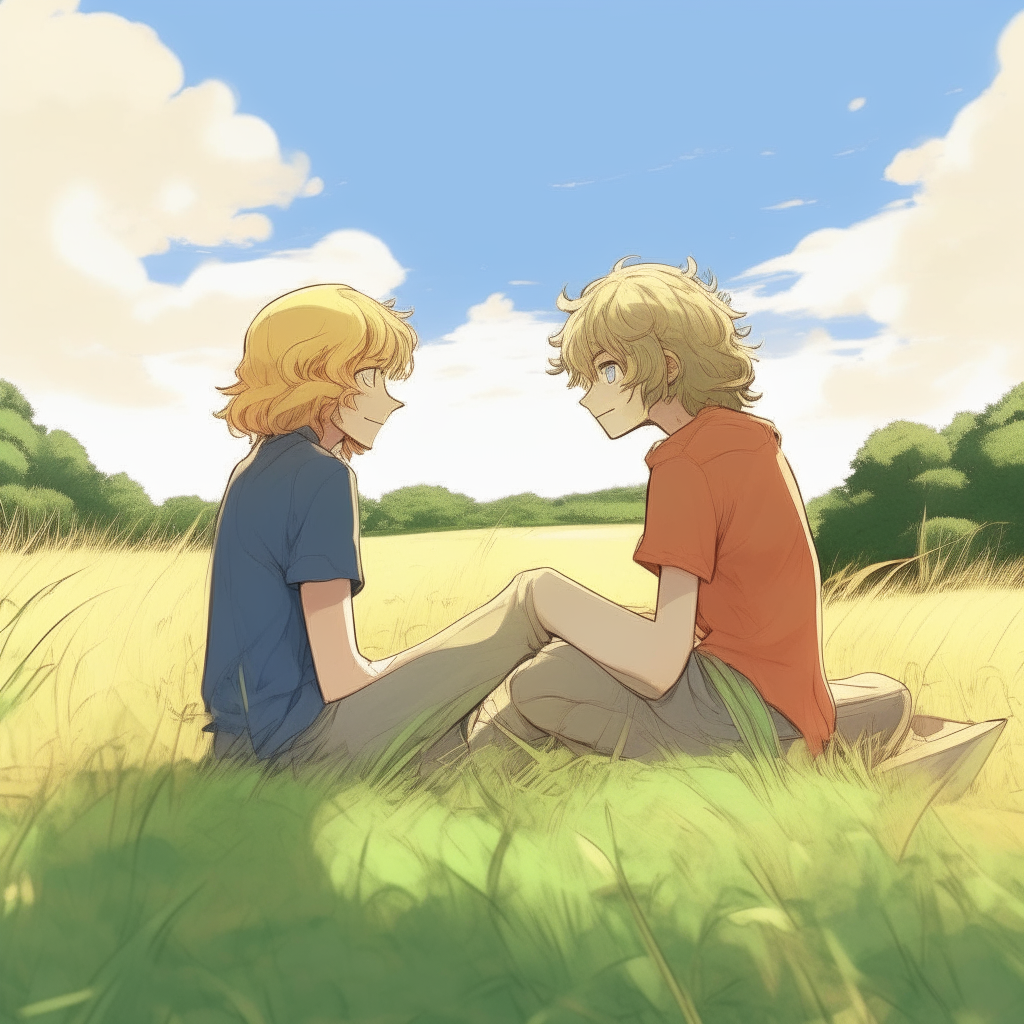 2D anime style drawing of two boys sitting facing each other in an open grassy field with trees in the background. One boy has long curly blonde hair, the other has short brown hair.