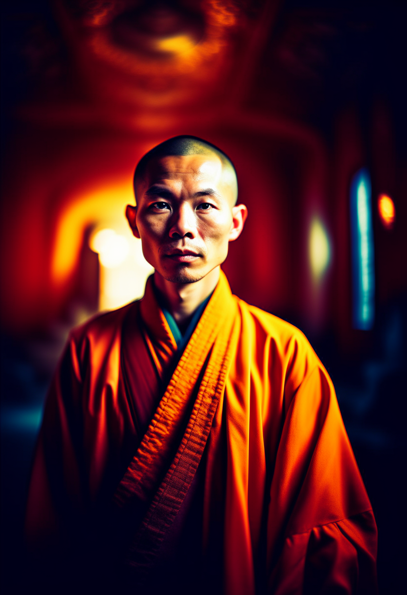 chinese monk, looking to the camera, half bode. young, intricate details, 35mm film roll photo