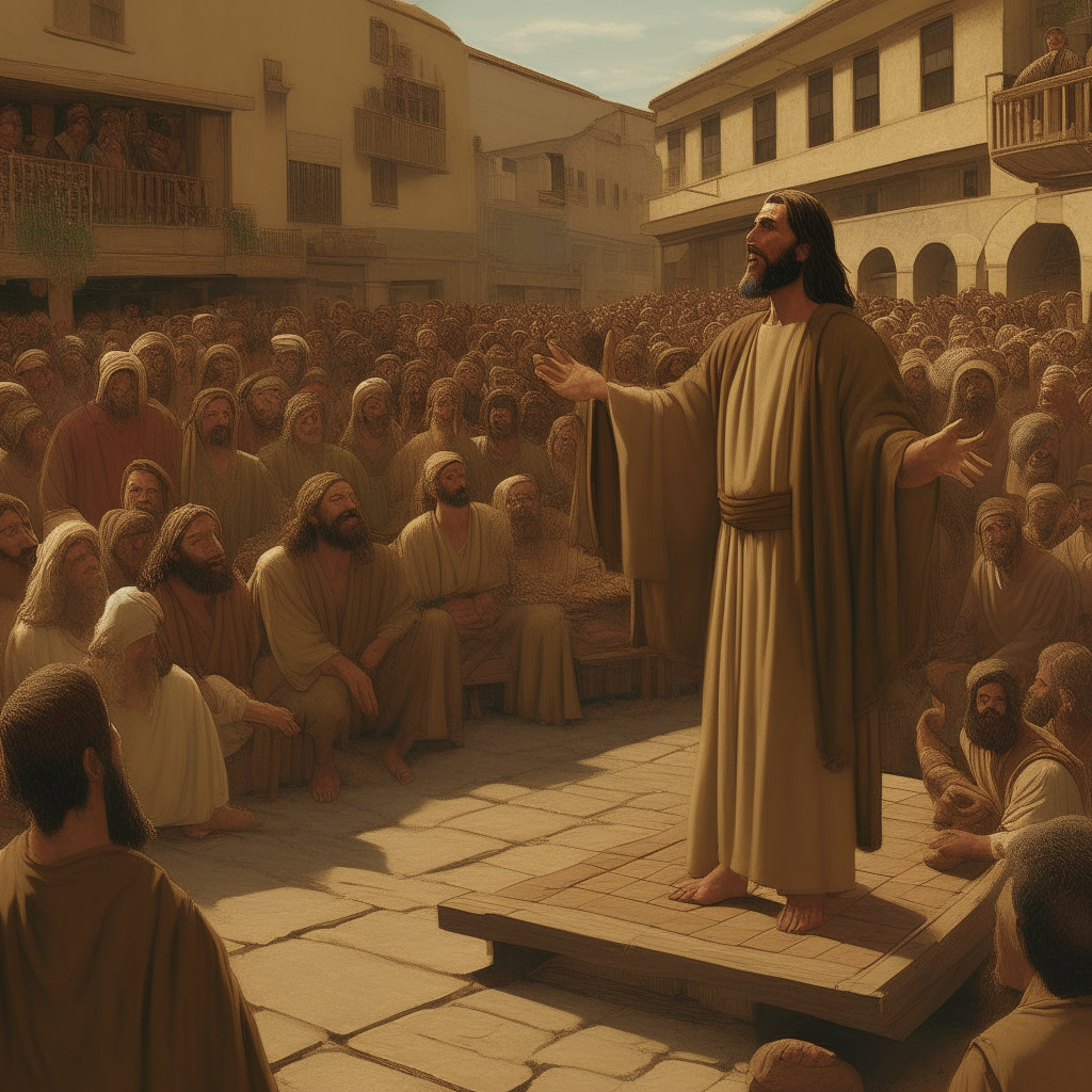 Jesus stands before a large crowd in an open-air marketplace. He is dressed in simple brown robes and sandals of the time period. Surrounding him are many onlookers, straining to see what will happen. In the foreground lies a man on a wooden pallet, paralyzed from the waist down. Jesus gazes down at the man compassionately, reaching out his hand to heal him.