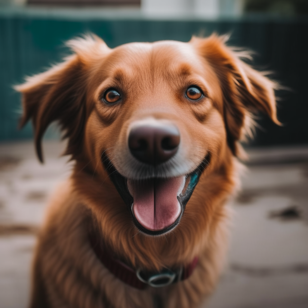 A happy brown dog looking directly at the camera