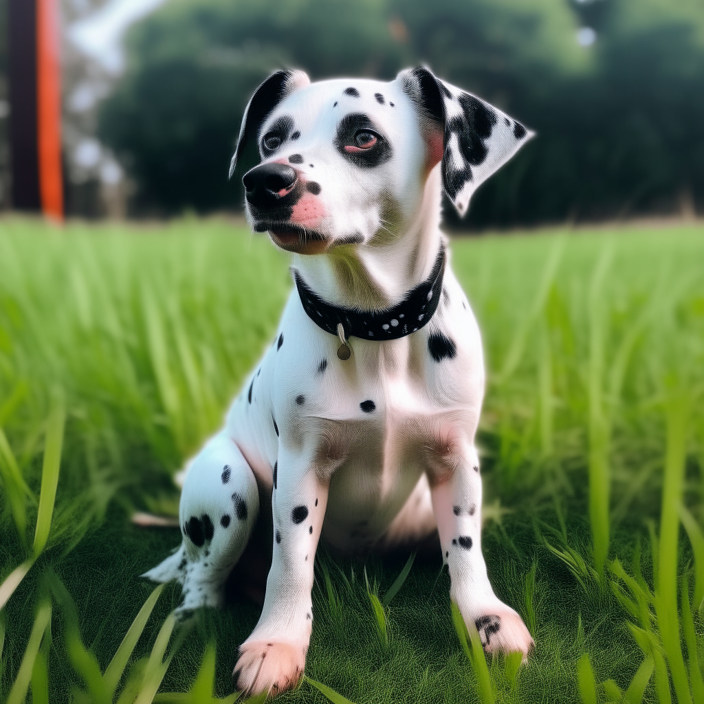 A white dog with black spots sitting on grass