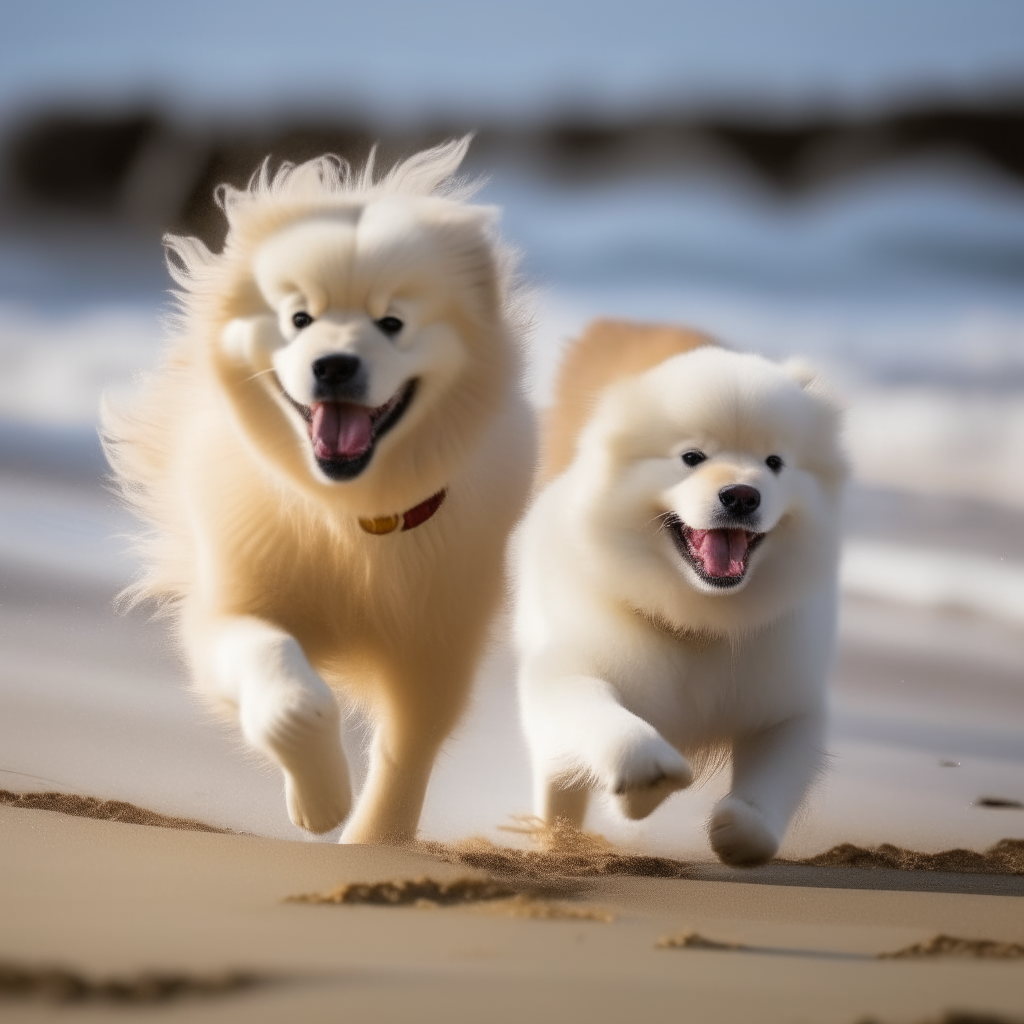 A playful golden retriever puppy A fluffy white samoyed running on the beach