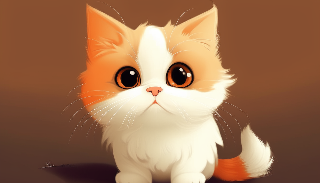 a cute orange and white cat with big eyes and a fluffy tail, digital art