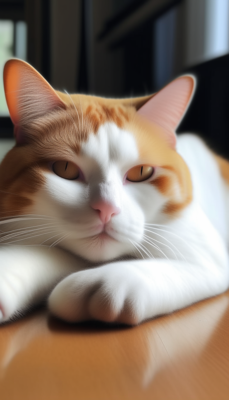 An image a cute orange and white cat laying down