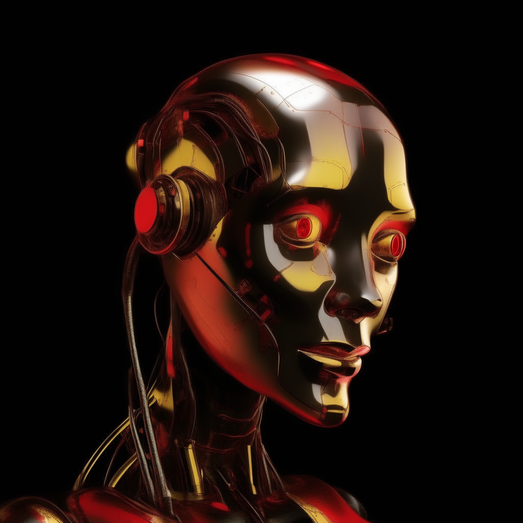 an abstract portrait of a robotic woman with smooth features and a friendly inviting face, her body incorporates shiny red and gold metallic textures against a black background