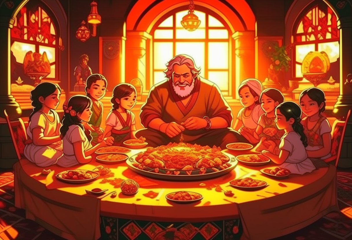 There was a king. He had seven daughters. He loved them very much and took care of their every comfort. Once when the table was set, they all sat together for a meal. The king took one of his daughters. Asked the question. How much do you guys want me. The elder princess said "Dad! I want you like Gulab Jamon". matte painting, casual pose, tumblr, lens flares, intricate details