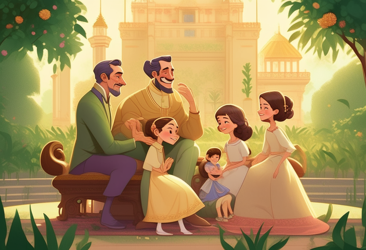 Show heartwarming scenes of the king interacting with his daughters, portraying their close relationship and the love they share. Include activities like playing in the palace gardens, sharing meals together, and laughing joyfully.