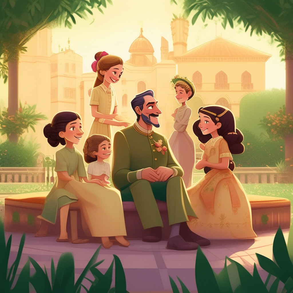 Show heartwarming scenes of the king interacting with his daughters, portraying their close relationship and the love they share. Include activities like playing in the palace gardens, sharing meals together, and laughing joyfully.