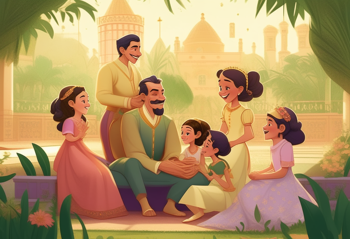 Show heartwarming scenes of the king interacting with his daughters, portraying their close relationship and the love they share. Include activities like playing in the palace gardens, sharing meals together, and laughing joyfully.