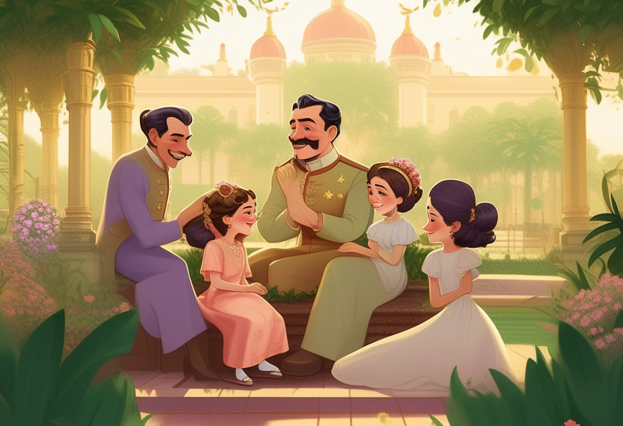 Show heartwarming scenes of the king interacting with his daughters, portraying their close relationship and the love they share. Include activities like playing in the palace gardens, sharing meals together, and laughing joyfully.