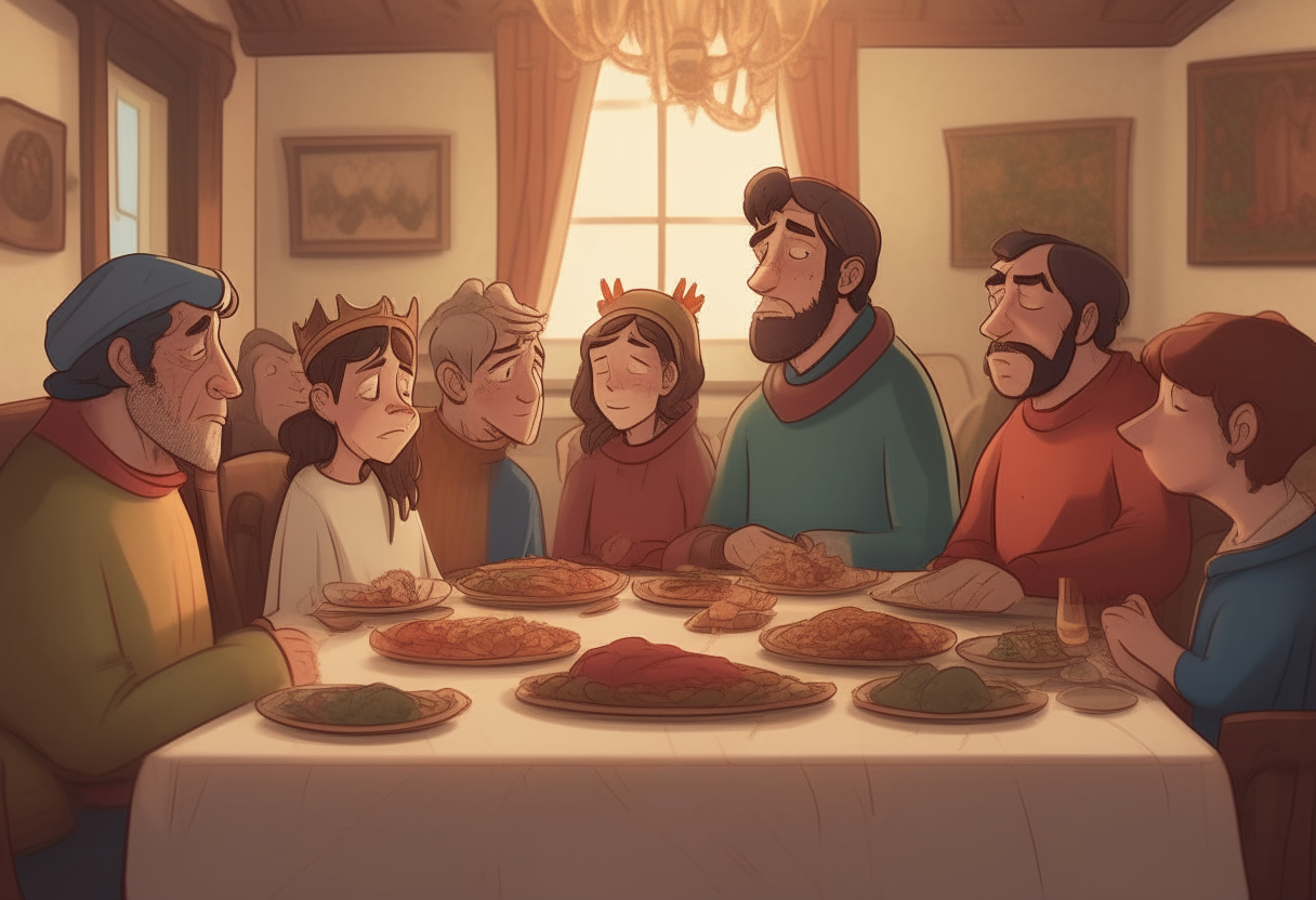 Transition to the dining hall where the family gathers for a meal. Use close-up shots to capture the expressions on each character's face as the king poses his question about their love for him.