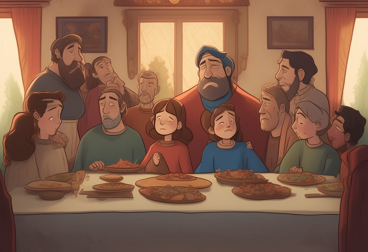 Transition to the dining hall where the family gathers for a meal. Use close-up shots to capture the expressions on each character's face as the king poses his question about their love for him.