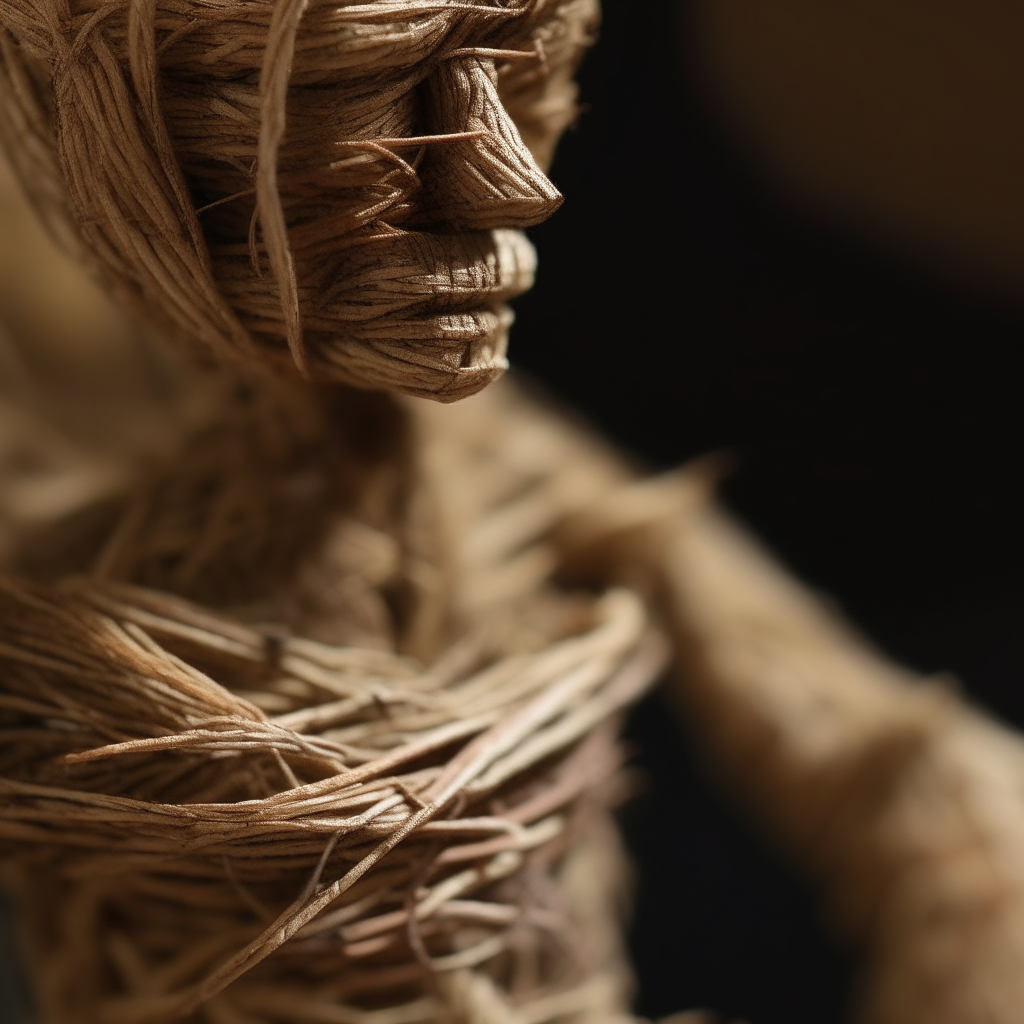 A close-up photograph of an intricately woven human figurine, about 6 inches tall, crafted entirely from wheat stalks. The details show individual strands and knots that form the figure's body, limbs and facial features. The natural texture and color variations of the wheat add visual interest and charm.