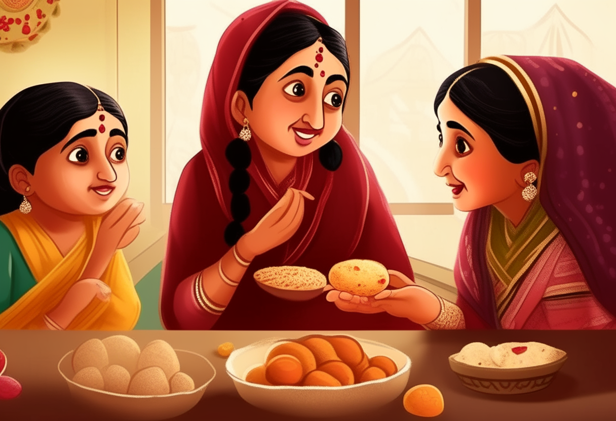 Showcase each daughter's response to the king's question through visual metaphors. For example, use imagery of Gulab Jamun, Barfi, and Amrit to represent their expressions of love, each accompanied by appropriate visuals.