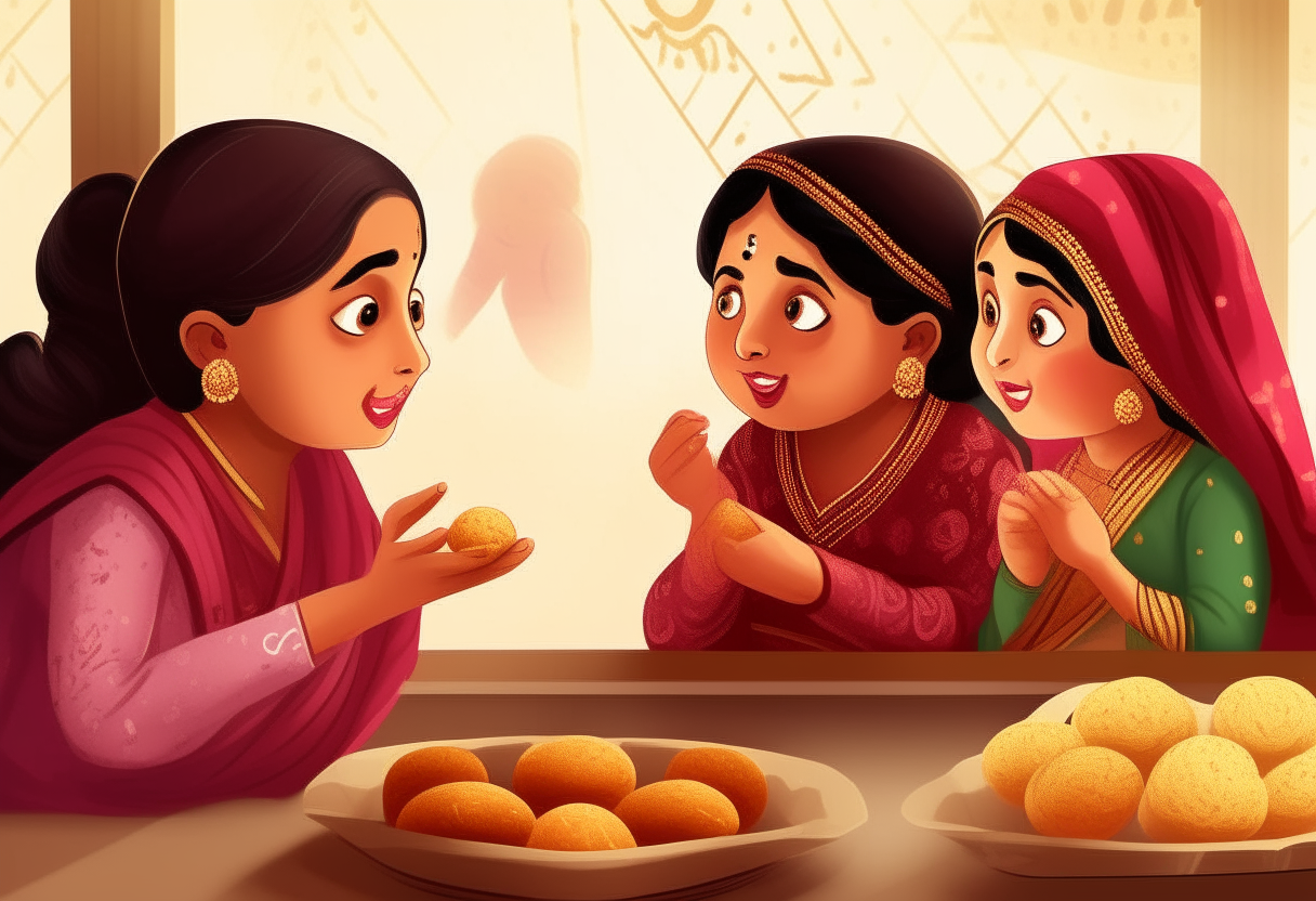 Showcase each daughter's response to the king's question through visual metaphors. For example, use imagery of Gulab Jamun, Barfi, and Amrit to represent their expressions of love, each accompanied by appropriate visuals.