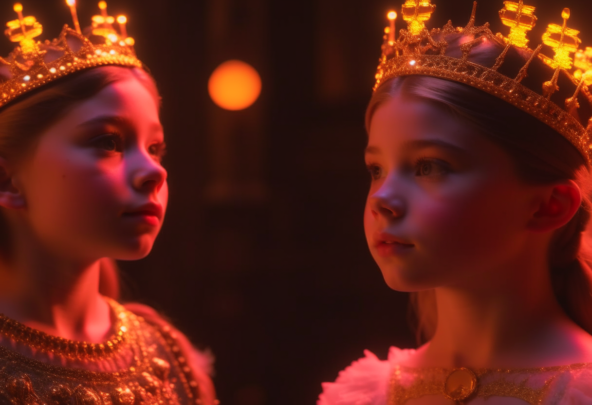 Build tension as the youngest princess gives her simple yet honest answer, contrasting with the extravagant expressions of love from her sisters. Use close-ups to capture the king's initial shock and disappointment.