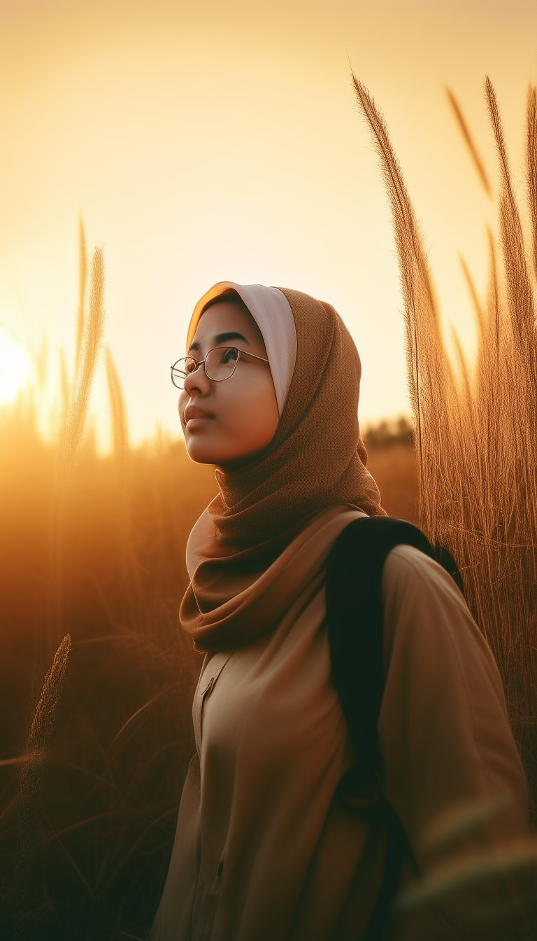 A beautiful woman in hijab with glasses is standing in a field of tall grass. The sun is setting, and the sky is a warm, golden color. The woman is wearing a backpack and a long-sleeved shirt. Her hijab is blowing in the wind, and she has a peaceful expression on her face. The picture is taken from a low angle, and the woman is in the center of the frame. The grass is blurred in the foreground and background, and the woman is the only thing in focus. This creates a sense of depth and focus, and it draws the viewer's eye to the woman. The picture is a beautiful and serene landscape photograph.