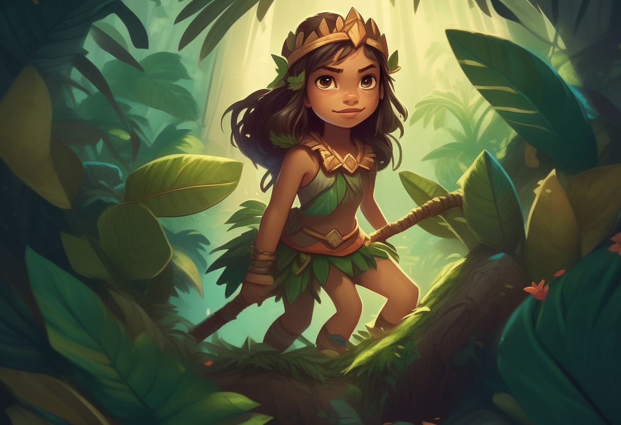 Depict the youngest princess' journey into exile, highlighting her resilience and resourcefulness as she survives in the jungle. Show her crafting fans out of leaves and gradually honing her skills.