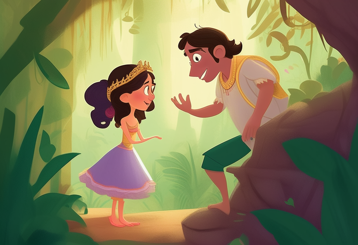 Introduce the prince as he stumbles upon the youngest princess in the jungle. Show their initial interactions and the prince's curiosity about her background