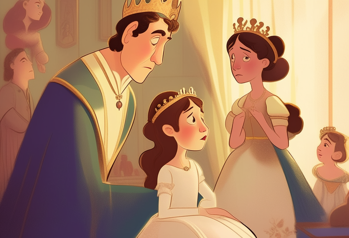 Show the prince's realization of the youngest princess' identity and his efforts to reunite her with her family. Include scenes of the king's regret and the daughters' longing for their sister.