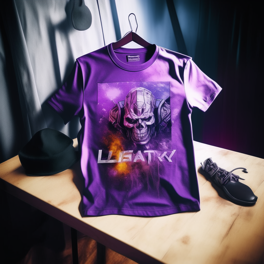 with a purple "linkinpark" t-shirt with the message ".....Hello Saturday......................"on tour  placed on a white table  Heavy Metal style, bold lines, crazy bright colours, glitter, laser lights, high contrast, intricate details.  Metal rock style, advertising image, high contrast, studio shutter speed light 1000, photography, 3D rendering.