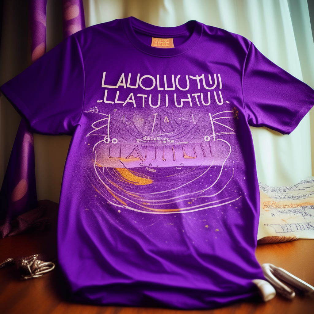 with a purple "linkinpark" t-shirt with the message ".....Hello Saturday......................"on tour  placed on a white table  Heavy Metal style, bold lines, crazy bright colours, glitter, laser lights, high contrast, intricate details.  Metal rock style, advertising image, high contrast, studio shutter speed light 1000, photography, 3D rendering.