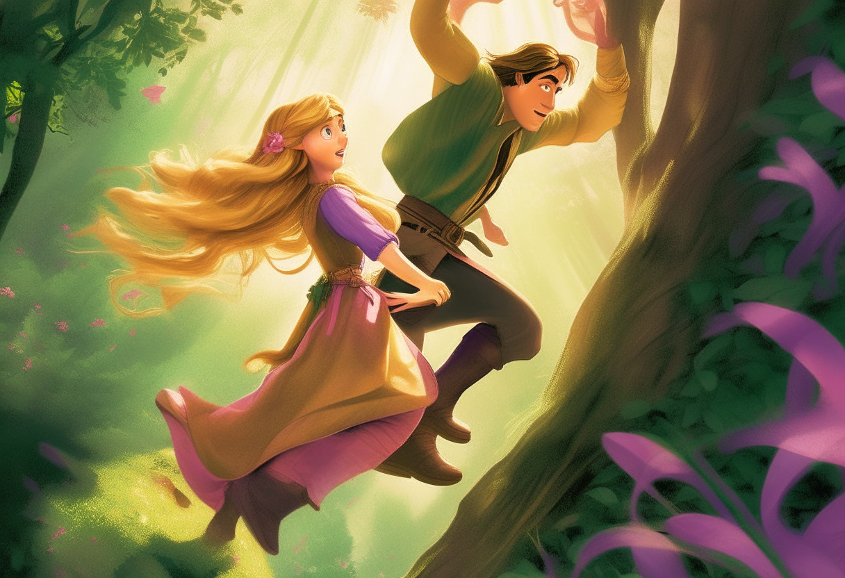 "Set in a lush forest backdrop, Rapunzel and a young man named Flynn
 bursts into view, their feet pounding against the earth as they dash forward with determination. Rapunzel, her radiant and flowing hair trailing behind like a cascade of silk, runs alongside her companion. The scene is filled with adrenaline and urgency as they navigate through the dense foliage, evoking a sense of adventure and excitement."