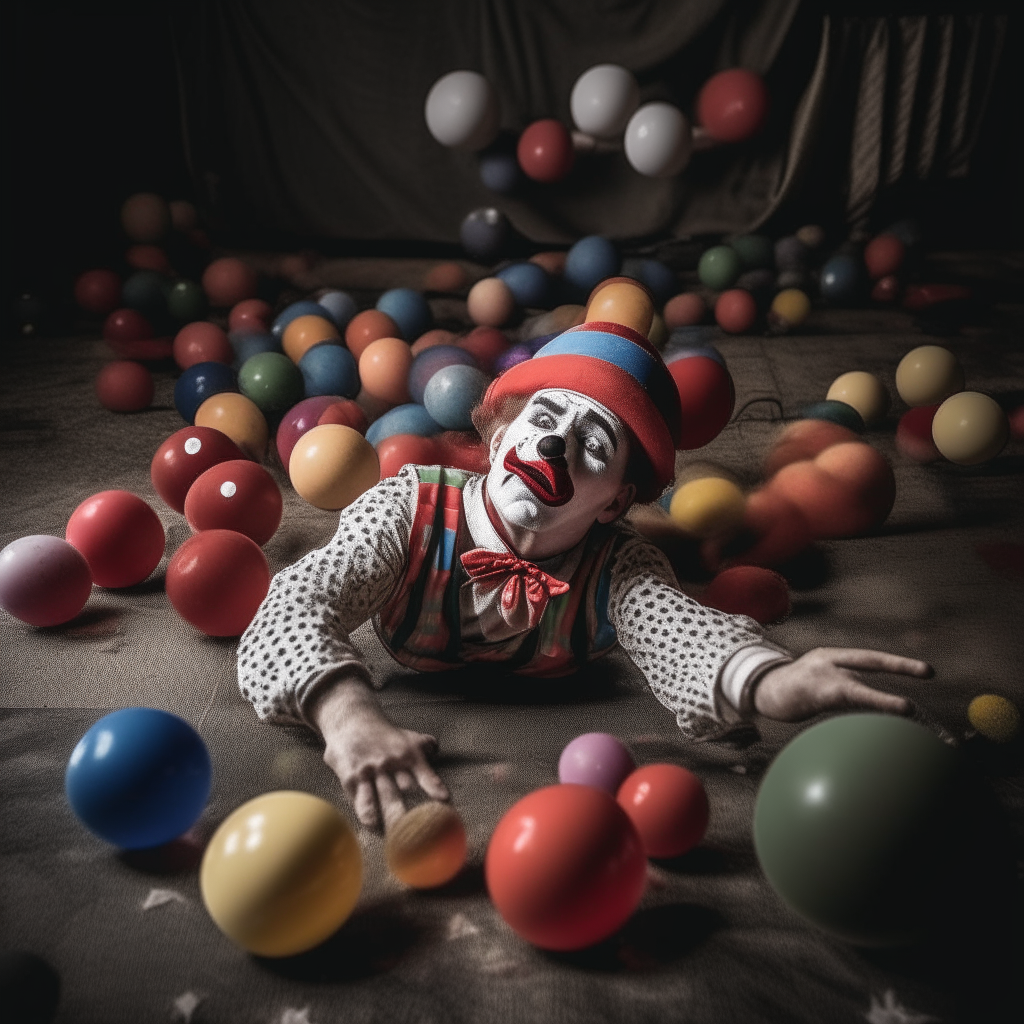 a juggling clown lying exhausted on the ground surrounded by balls and clubs