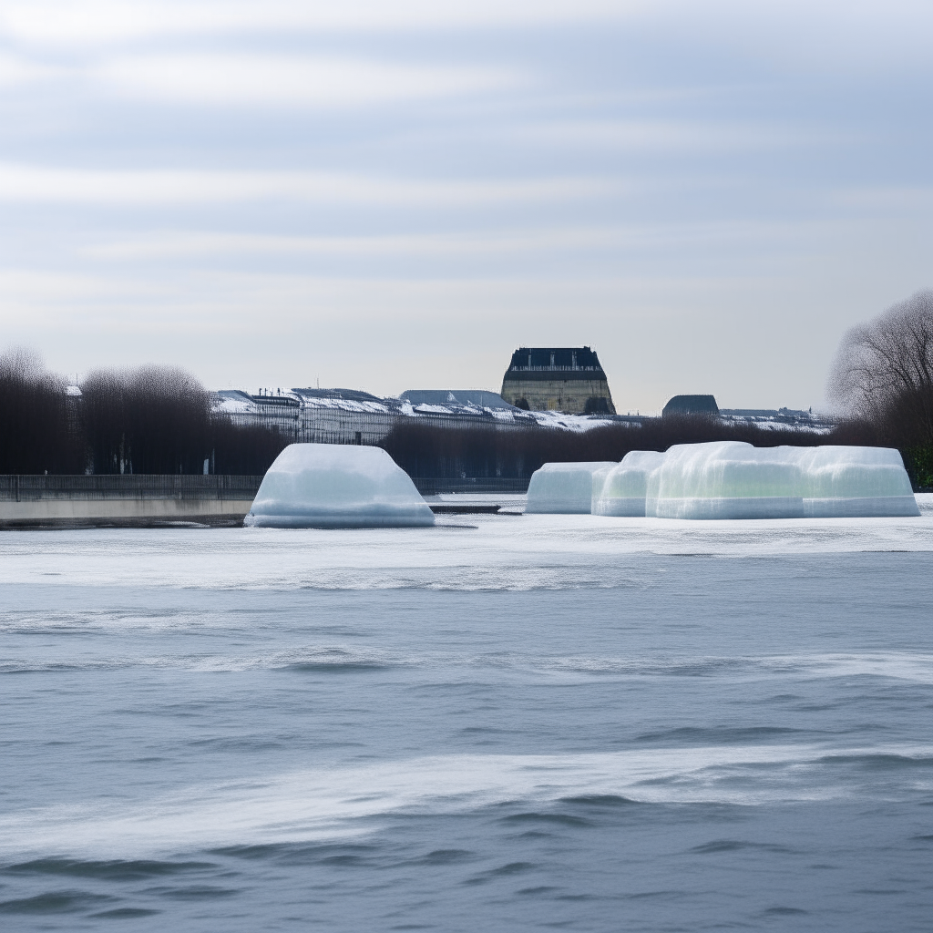 Large icebergs are moving on the Seine in Paris