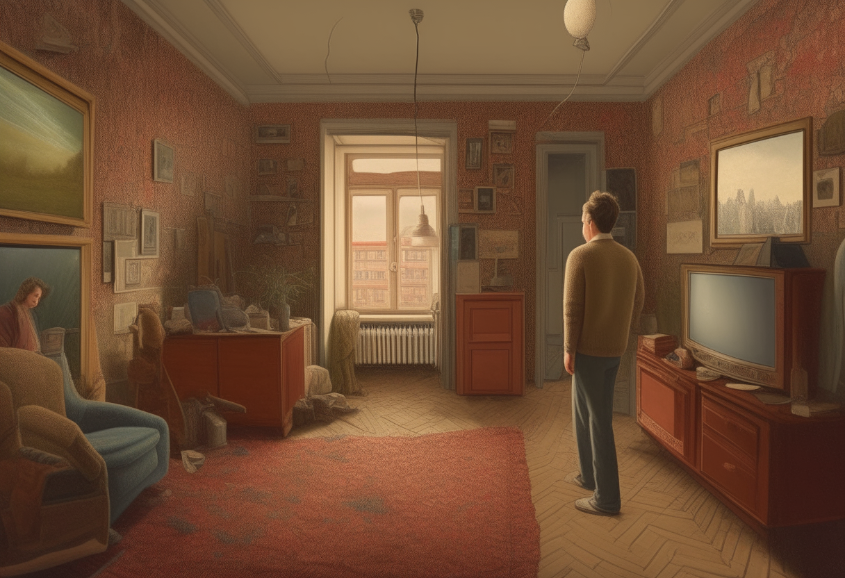 Surreal scene : A young man in the foreground, the apartment in which the man is constantly changing, metamorphoses of the interior of the apartment, metamorphoses with furniture and wall carpets, In the foreground, a man stands confused and mixed emotions on his face, in the background a standard Soviet apartment in which furniture, windows, doorways are moving, a temporal-spatial anomaly cyclically fills the interior in the background