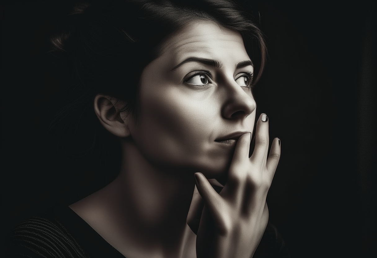 Create an image of a lady looking right with an air of curiosity with her hand on her face