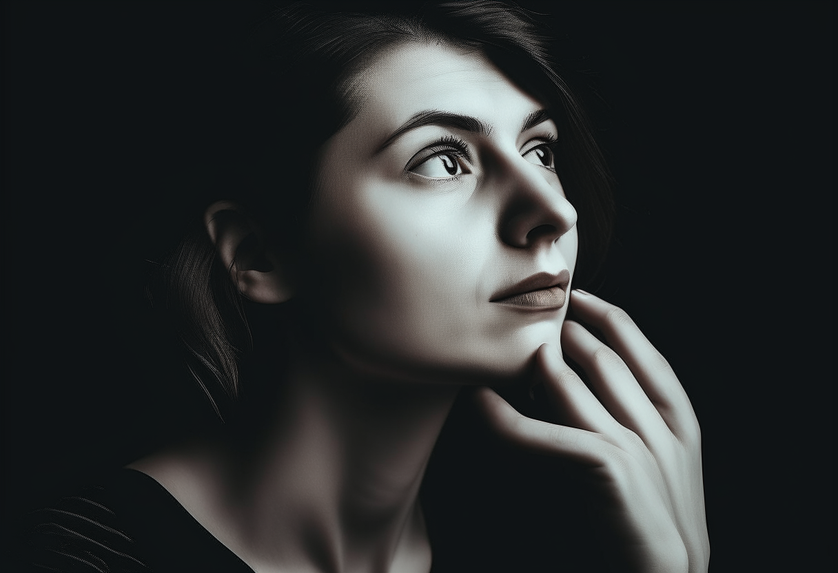 Create an image of a lady looking right with an air of curiosity with her hand on her face