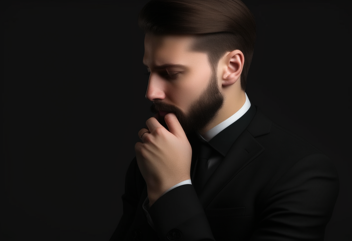 Create an image of a gentleman wearing a black suit looking to the right with a hand on his face with an air of .
