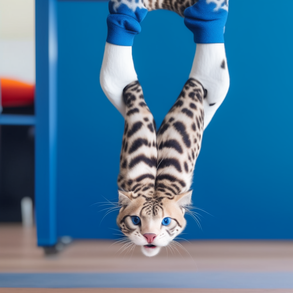 A thin leopard doing a handstand, smiling and wearing blue and white sneakers