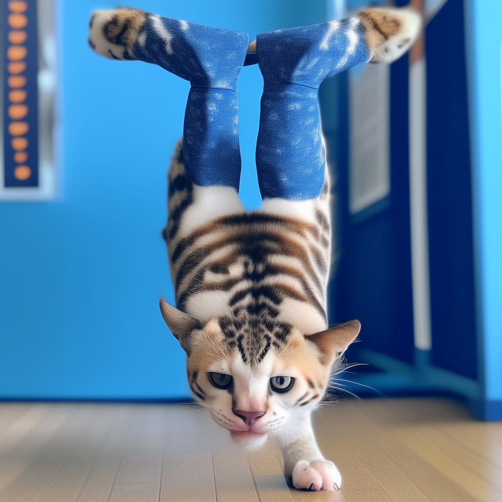 A thin leopard doing a handstand, smiling and wearing blue and white sneakers