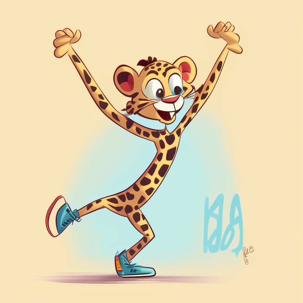 A skinny leopard doing a one-handed handstand, smiling and waving with the other hand. It is wearing sneakers and drawn in a Pixar-style cartoon style.