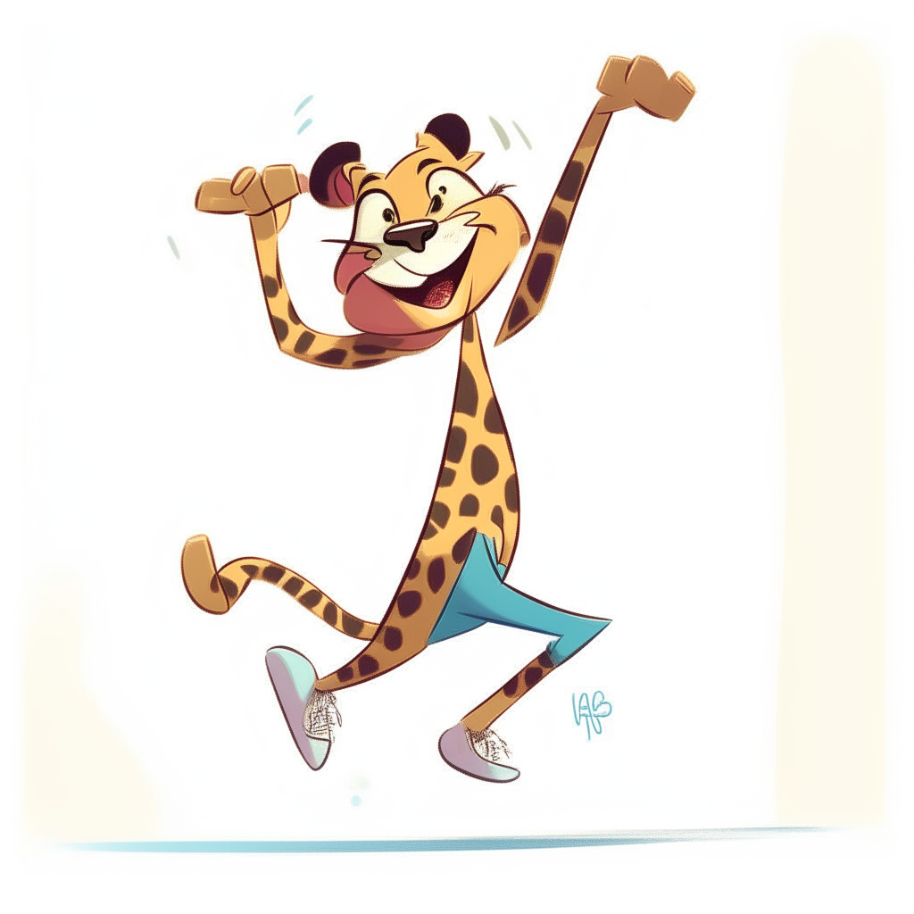 A skinny leopard doing a one-handed handstand, smiling and waving with the other hand. It is wearing sneakers and drawn in a Pixar-style cartoon style.