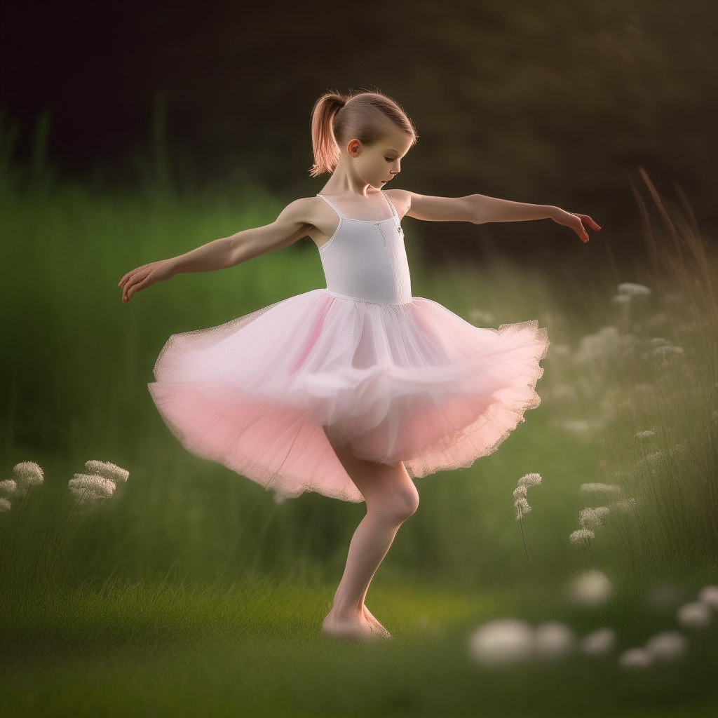 Lily dancing gracefully in a meadow, wearing pink ballet shoes and a white tutu, photorealistic portrait