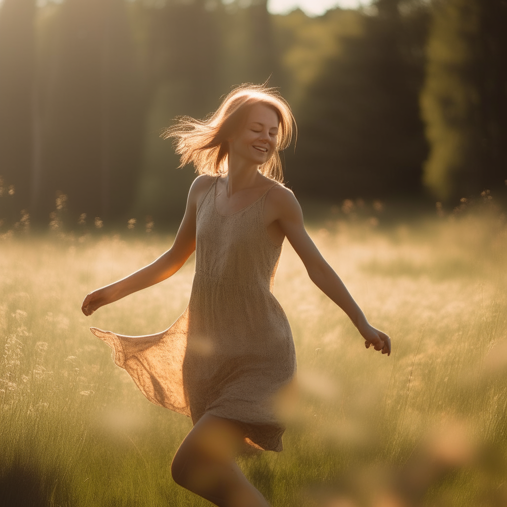 A young woman dancing joyfully in a sunlit meadow on a summer afternoon