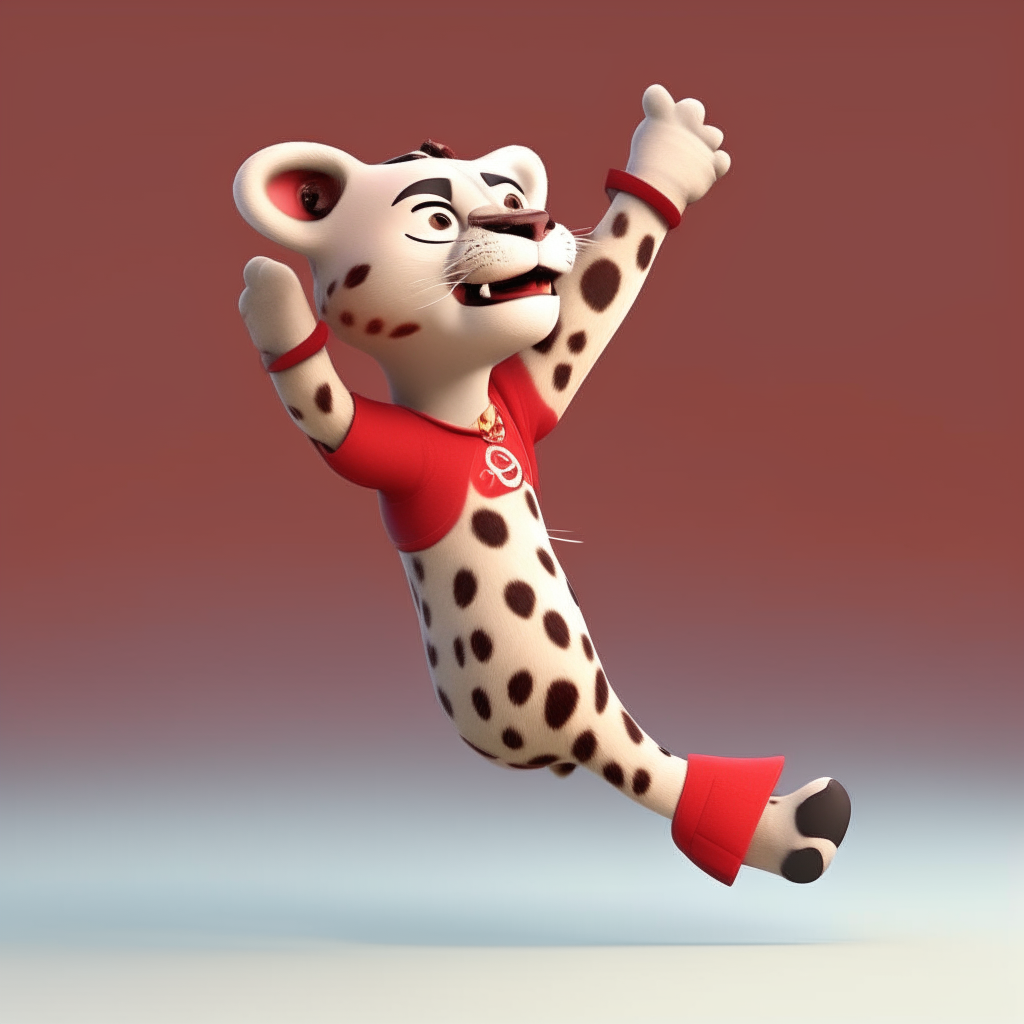 Another image of a lean leopard in Pixar cartoon style, wearing red and white sneakers. It is doing a one-handed handstand, balancing on one palm with its head below its body and sneakers visible above.