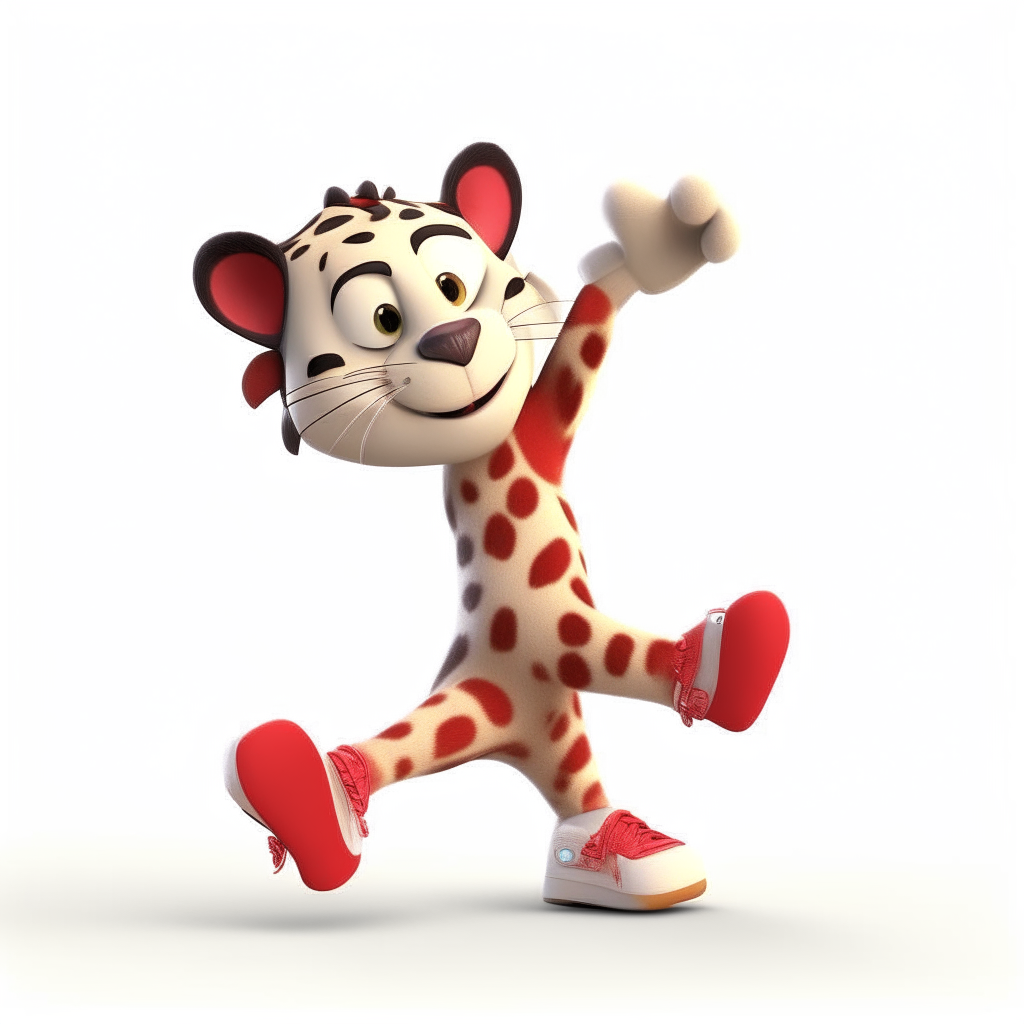 A lean leopard in Pixar cartoon style, wearing red and white sneakers. It is doing a one-handed handstand, with its head below its body and sneakers visible above.